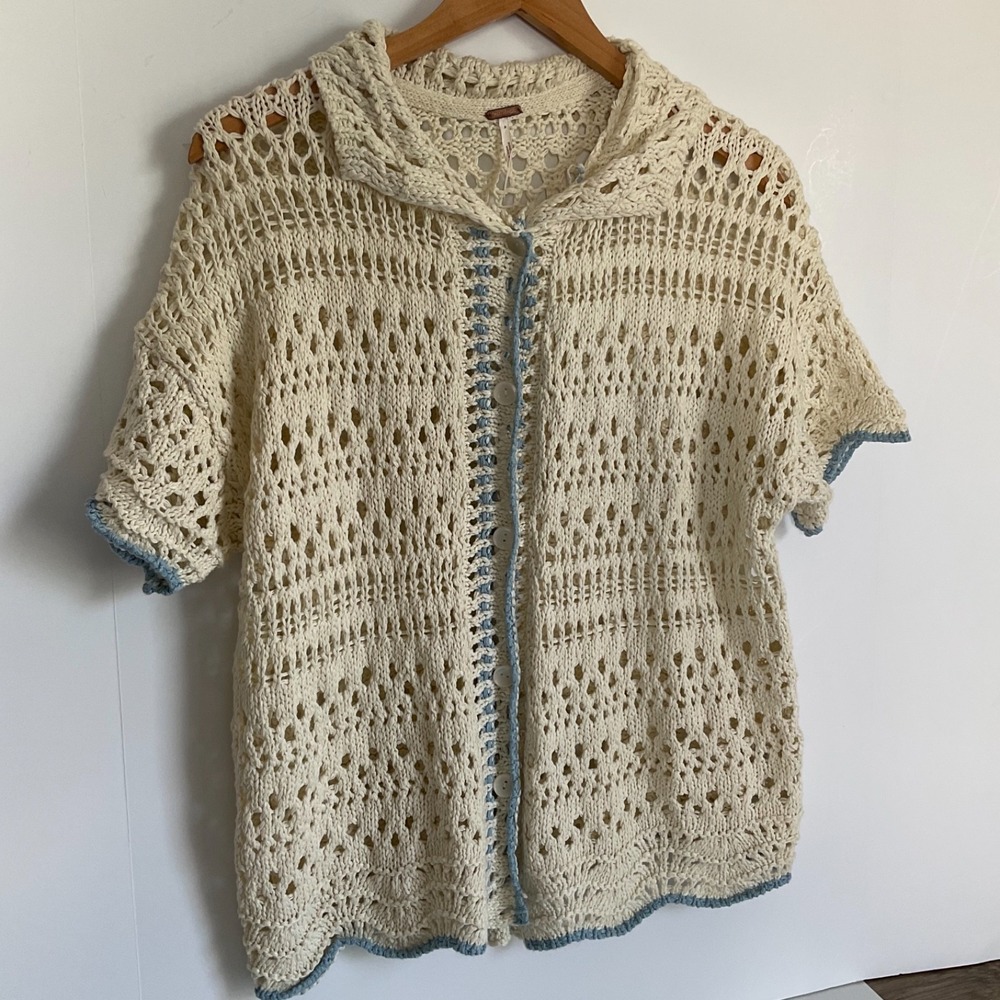 Free People Anthropologie Joelle Short Sleeve Crochet Cardigan White Oversize XS